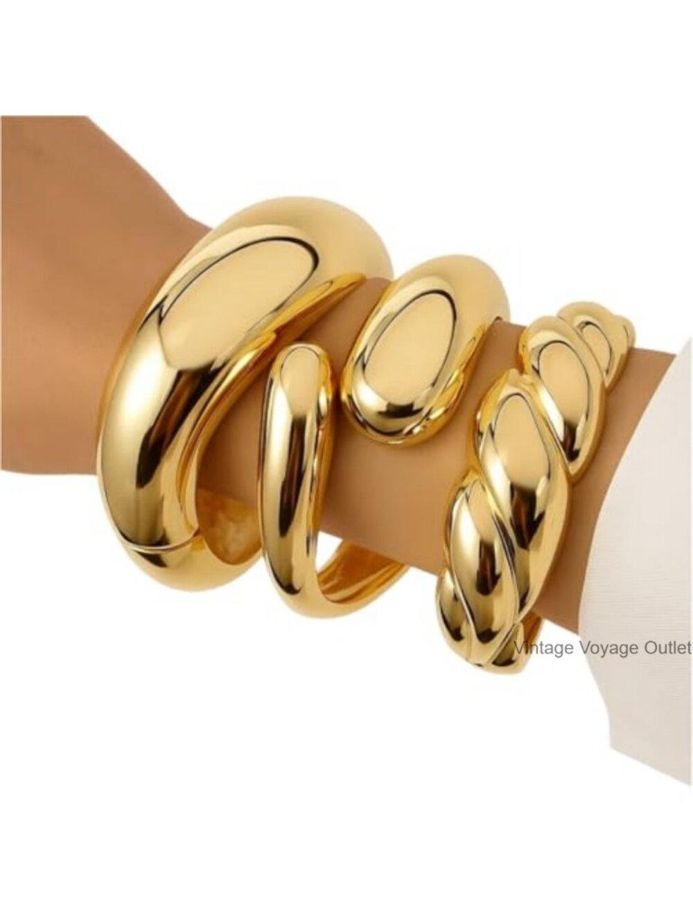 14K Gold Plated Chunky Bangle Bracelets Set of 3 Stackable Cuff Bangles for